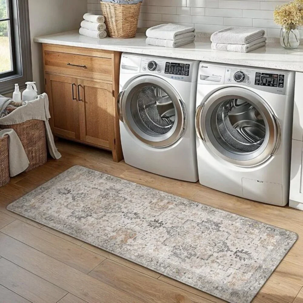2PC Kitchen Mats, Washable Anti-Fatigue Cushioned Non-Slip Rugs in Taupe Brown